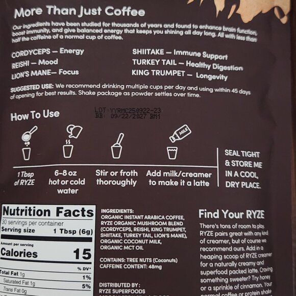 Ryze Mushroom Coffee Starter Kit With Creamer + Mushroom Bracelet - Picture 3 of 6